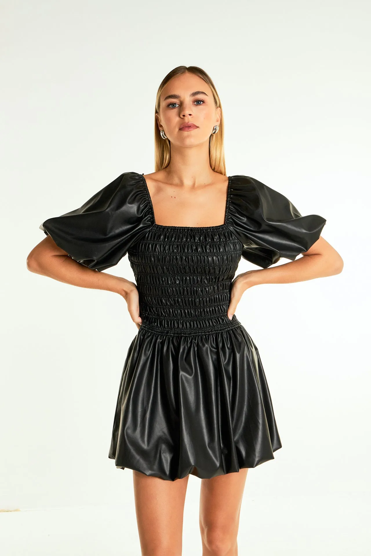 Endless Rose - Pu Smocked Balloon Detail Mini Dress