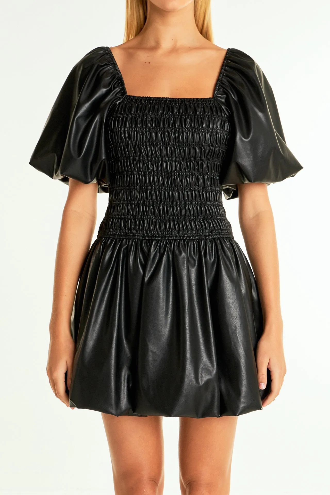 Endless Rose - Pu Smocked Balloon Detail Mini Dress