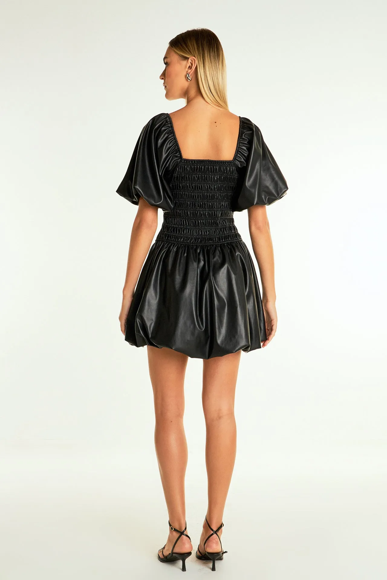 Endless Rose - Pu Smocked Balloon Detail Mini Dress