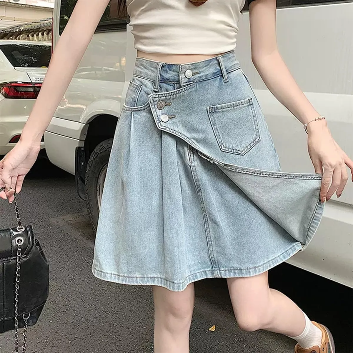 Fashion Women's Denim Mini Skirt Y2K Casual Vintage A Line High Waist Irregular Splicing Jean Skirt