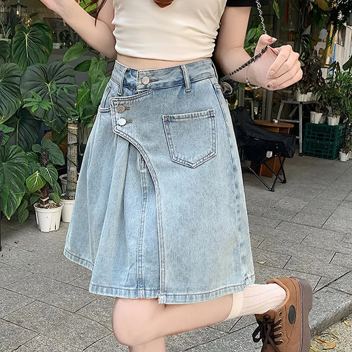 Fashion Women's Denim Mini Skirt Y2K Casual Vintage A Line High Waist Irregular Splicing Jean Skirt
