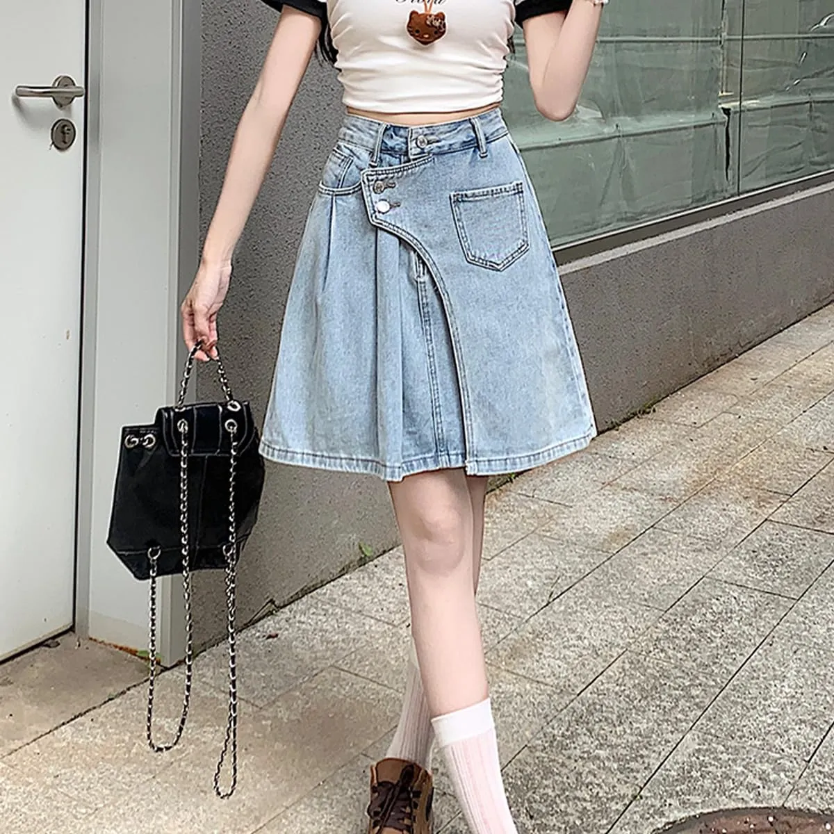 Fashion Women's Denim Mini Skirt Y2K Casual Vintage A Line High Waist Irregular Splicing Jean Skirt