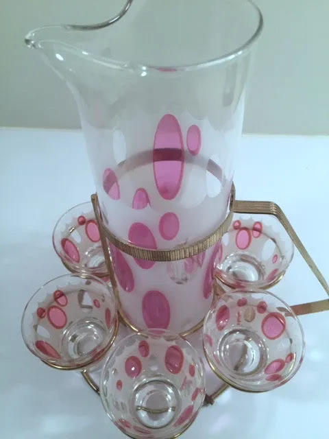 Fred Press Signed Mid-Century Classic Pink and Frosted Cocktail Set (6 Glasses & 1 Pitcher & 1 Carrier)