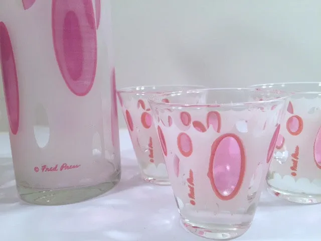 Fred Press Signed Mid-Century Classic Pink and Frosted Cocktail Set (6 Glasses & 1 Pitcher & 1 Carrier)
