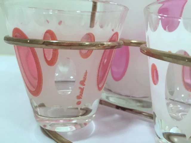 Fred Press Signed Mid-Century Classic Pink and Frosted Cocktail Set (6 Glasses & 1 Pitcher & 1 Carrier)