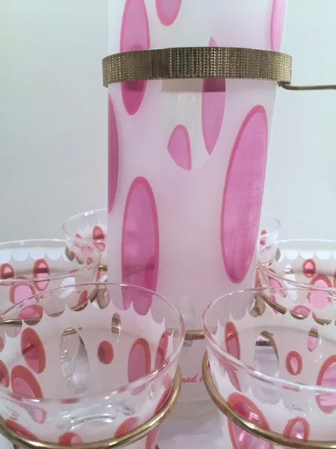 Fred Press Signed Mid-Century Classic Pink and Frosted Cocktail Set (6 Glasses & 1 Pitcher & 1 Carrier)