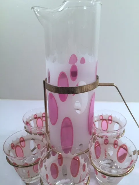 Fred Press Signed Mid-Century Classic Pink and Frosted Cocktail Set (6 Glasses & 1 Pitcher & 1 Carrier)