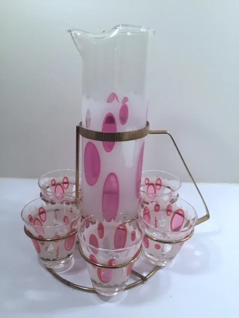 Fred Press Signed Mid-Century Classic Pink and Frosted Cocktail Set (6 Glasses & 1 Pitcher & 1 Carrier)