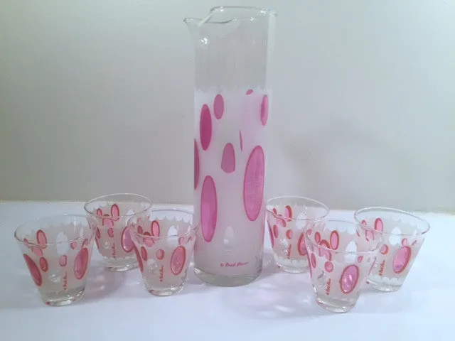 Fred Press Signed Mid-Century Classic Pink and Frosted Cocktail Set (6 Glasses & 1 Pitcher & 1 Carrier)