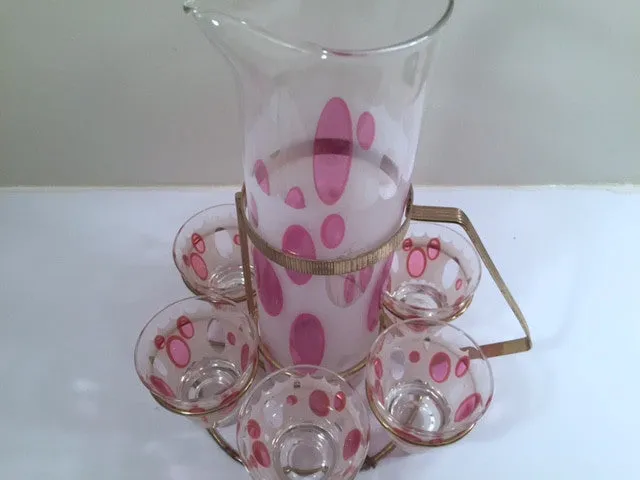 Fred Press Signed Mid-Century Classic Pink and Frosted Cocktail Set (6 Glasses & 1 Pitcher & 1 Carrier)