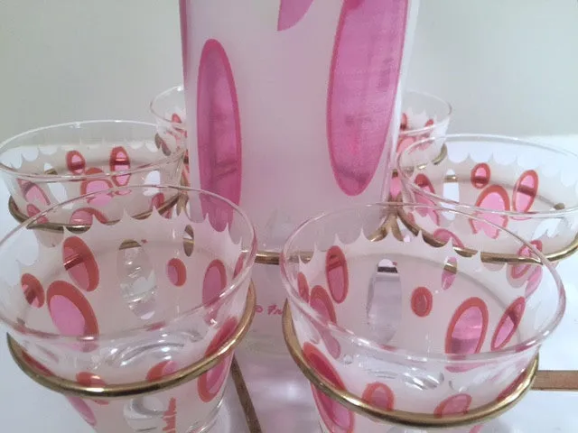 Fred Press Signed Mid-Century Classic Pink and Frosted Cocktail Set (6 Glasses & 1 Pitcher & 1 Carrier)