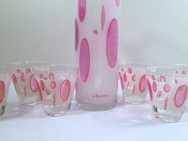 Fred Press Signed Mid-Century Classic Pink and Frosted Cocktail Set (6 Glasses & 1 Pitcher & 1 Carrier)