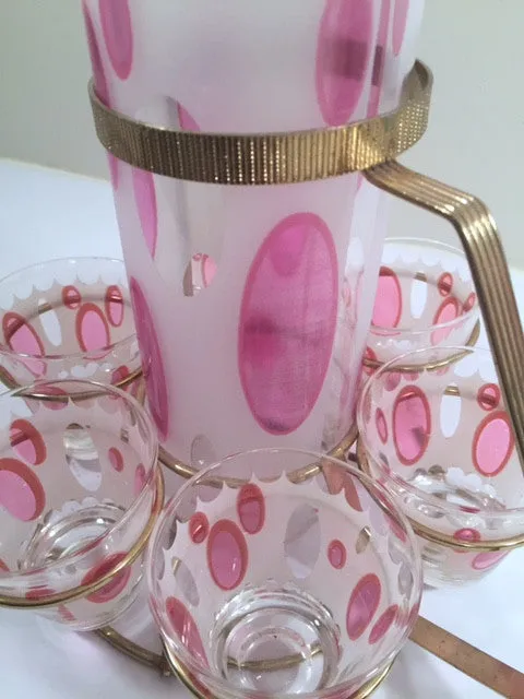 Fred Press Signed Mid-Century Classic Pink and Frosted Cocktail Set (6 Glasses & 1 Pitcher & 1 Carrier)