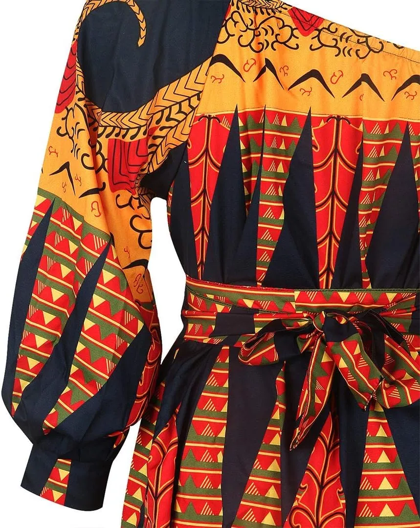 Giovacker Women's African Print Deep V-Neck High Waist Bohemian Maxi Long Dress