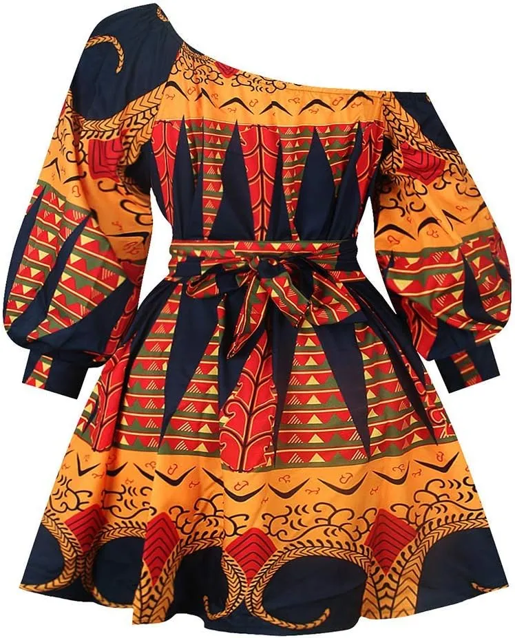 Giovacker Women's African Print Deep V-Neck High Waist Bohemian Maxi Long Dress
