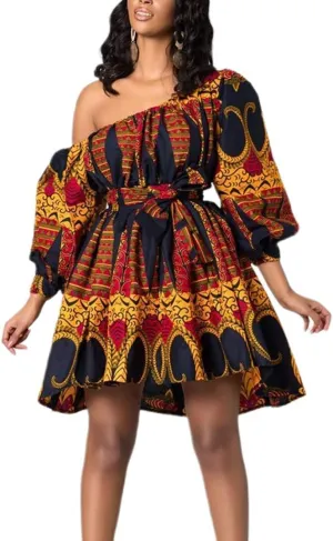 Giovacker Women's African Print Deep V-Neck High Waist Bohemian Maxi Long Dress