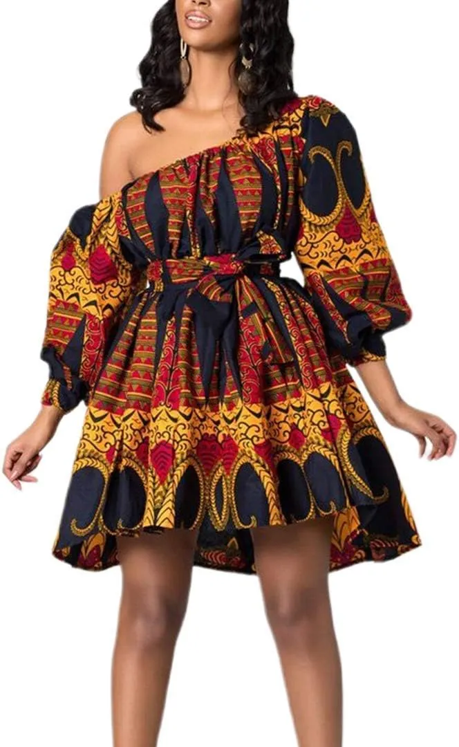 Giovacker Women's African Print Deep V-Neck High Waist Bohemian Maxi Long Dress