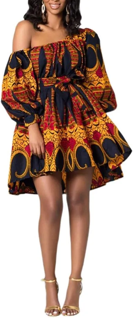 Giovacker Women's African Print Deep V-Neck High Waist Bohemian Maxi Long Dress