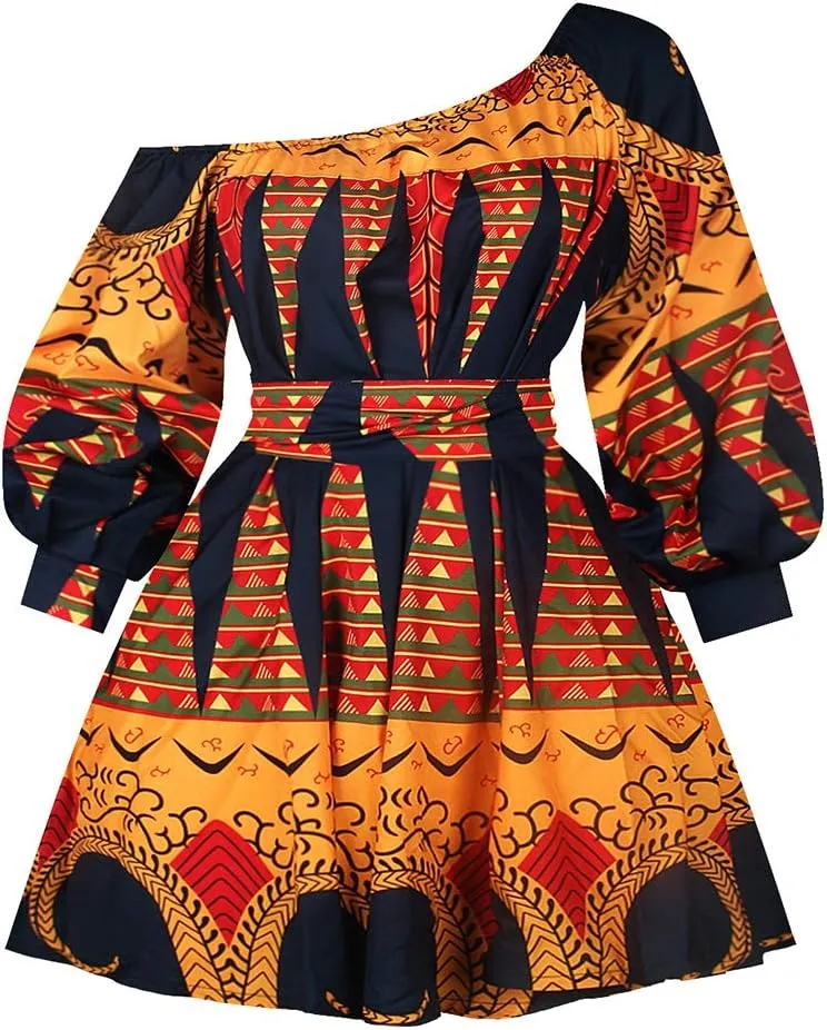 Giovacker Women's African Print Deep V-Neck High Waist Bohemian Maxi Long Dress