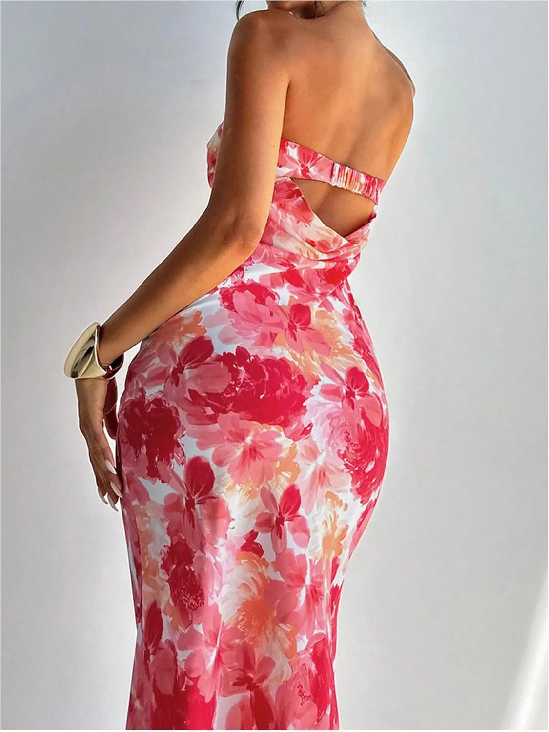 GORGLITTER Women's Floral Dress Ruched Strapless Bodycon Maxi Dresses
