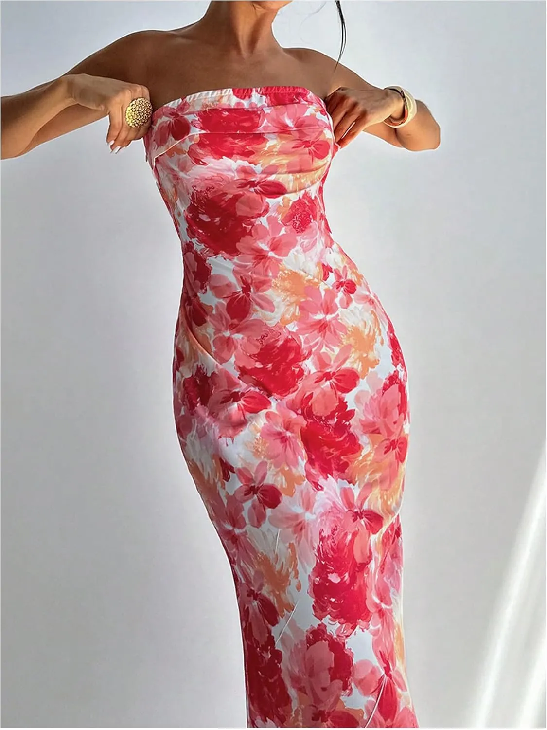 GORGLITTER Women's Floral Dress Ruched Strapless Bodycon Maxi Dresses