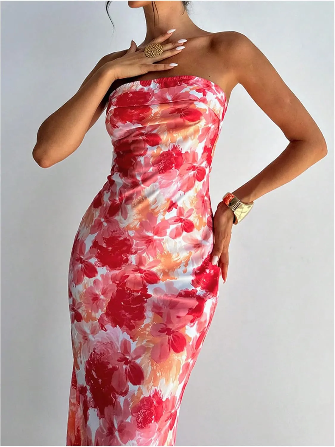 GORGLITTER Women's Floral Dress Ruched Strapless Bodycon Maxi Dresses