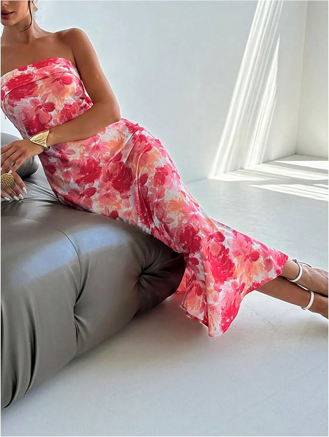 GORGLITTER Women's Floral Dress Ruched Strapless Bodycon Maxi Dresses