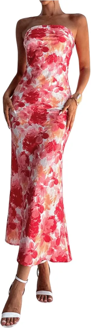 GORGLITTER Women's Floral Dress Ruched Strapless Bodycon Maxi Dresses