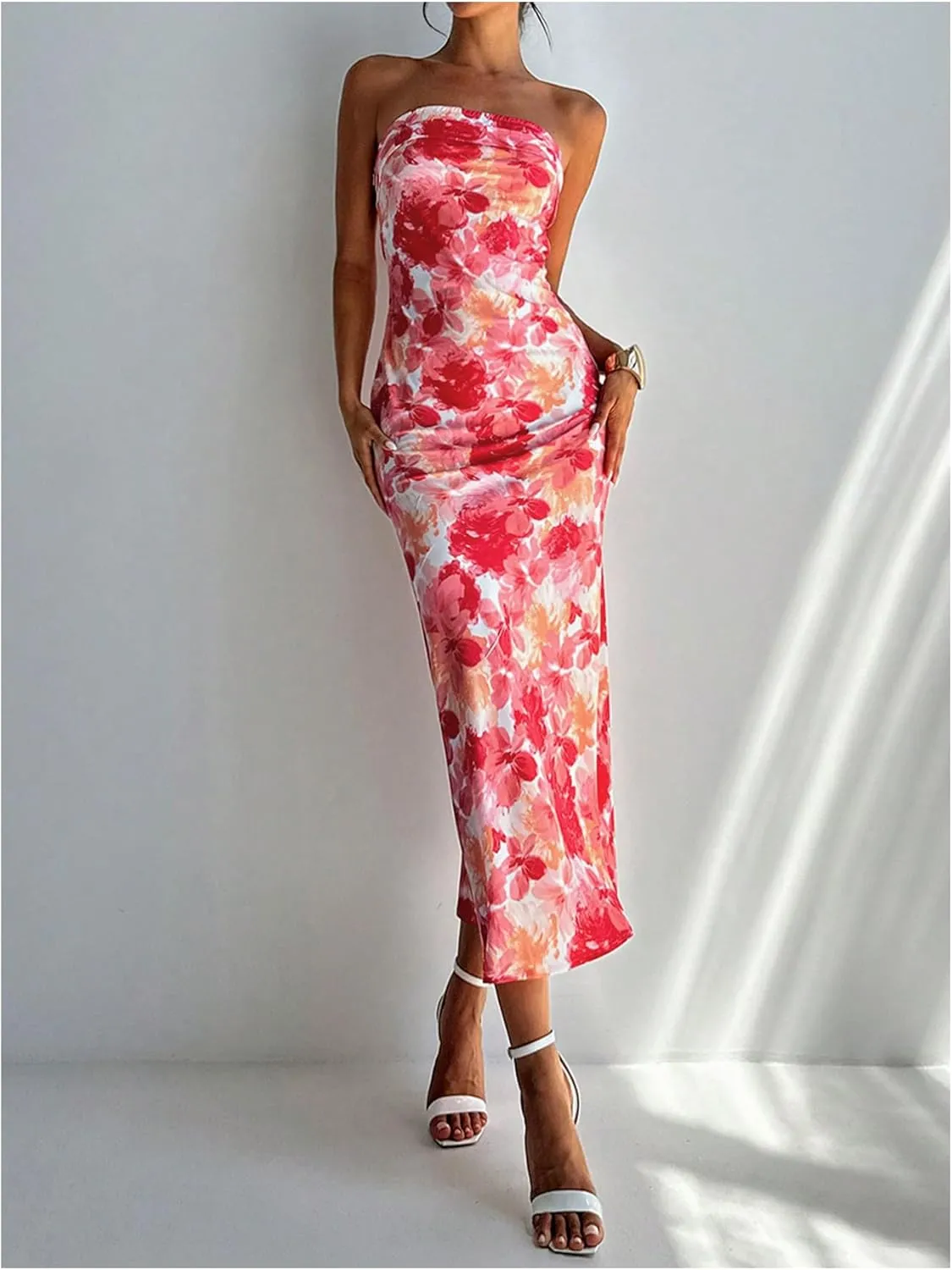 GORGLITTER Women's Floral Dress Ruched Strapless Bodycon Maxi Dresses