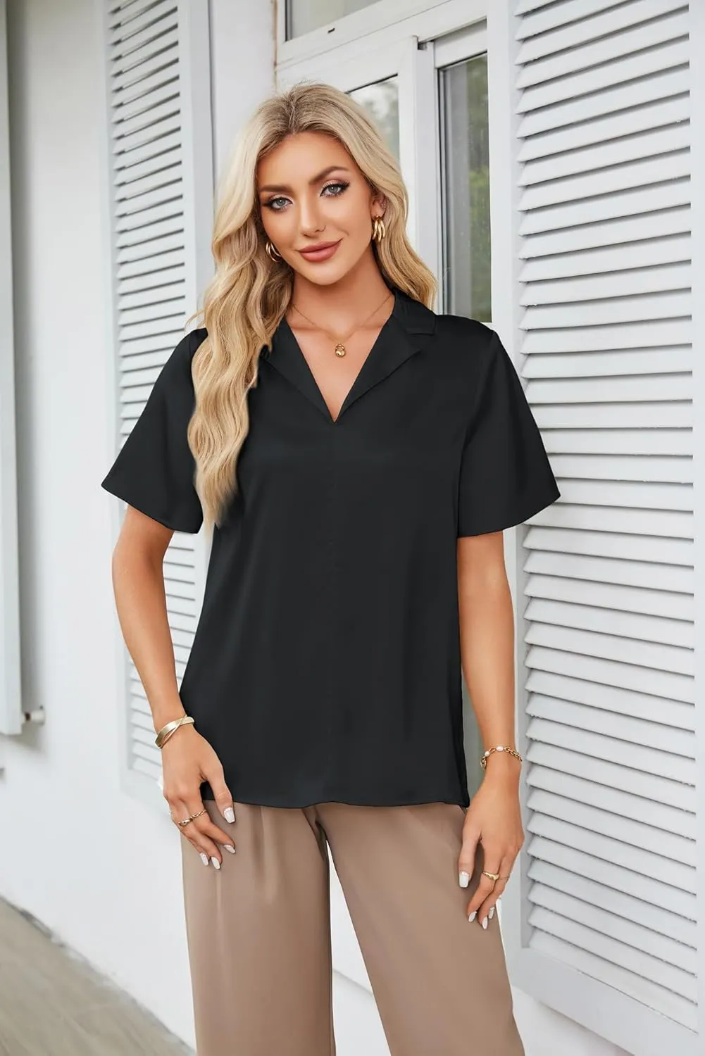 GRACE KARIN Women's Satin Silk Shirts Short Sleeve Casual Work Blouse Lapel V Neck Pullover Tops