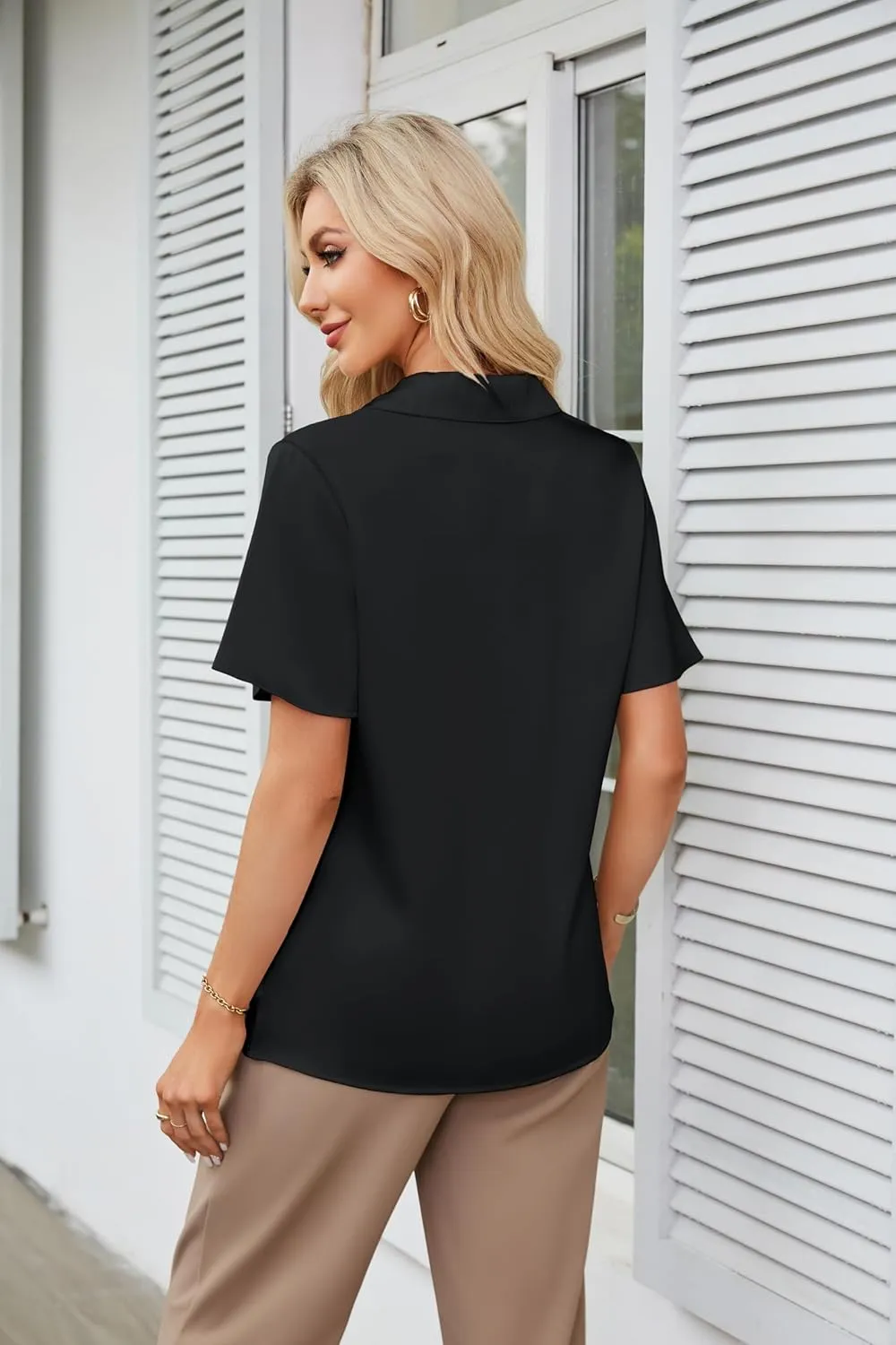 GRACE KARIN Women's Satin Silk Shirts Short Sleeve Casual Work Blouse Lapel V Neck Pullover Tops