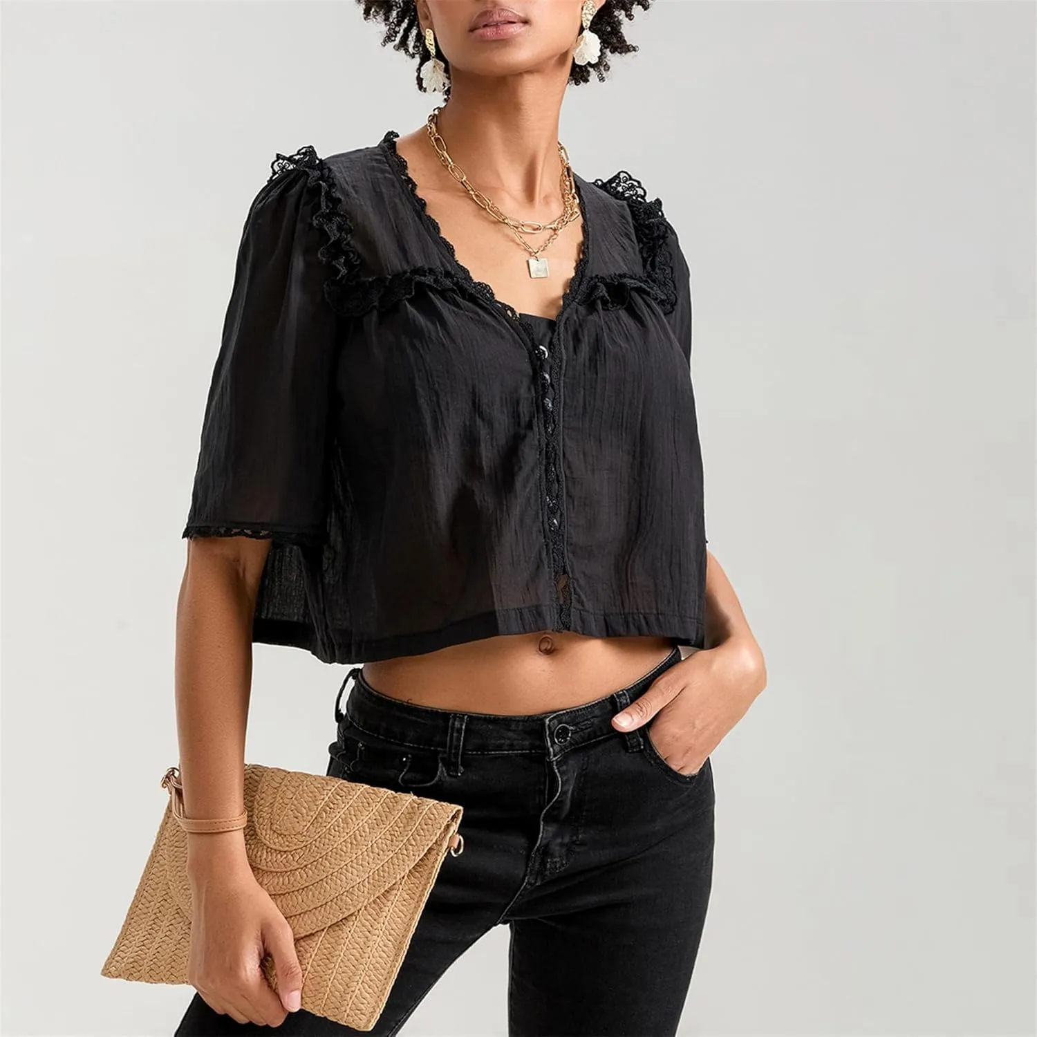 Hassembly Women Summer Cute Chiffon Shirt Low Cut V-Neck Short Sleeve Ruffle Trim Blouse Y2K Going Out Button Down Mesh Shirt