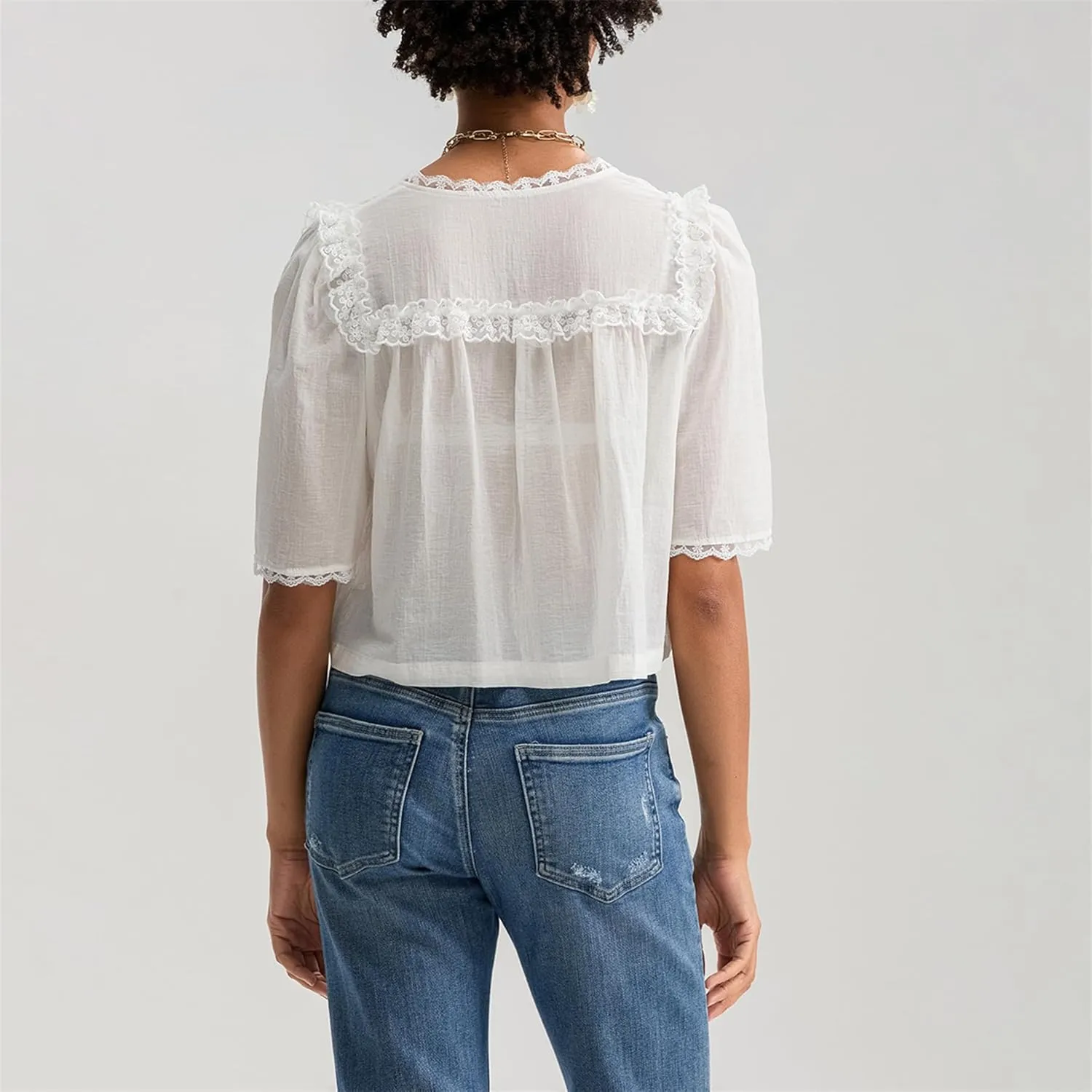 Hassembly Women Summer Cute Chiffon Shirt Low Cut V-Neck Short Sleeve Ruffle Trim Blouse Y2K Going Out Button Down Mesh Shirt