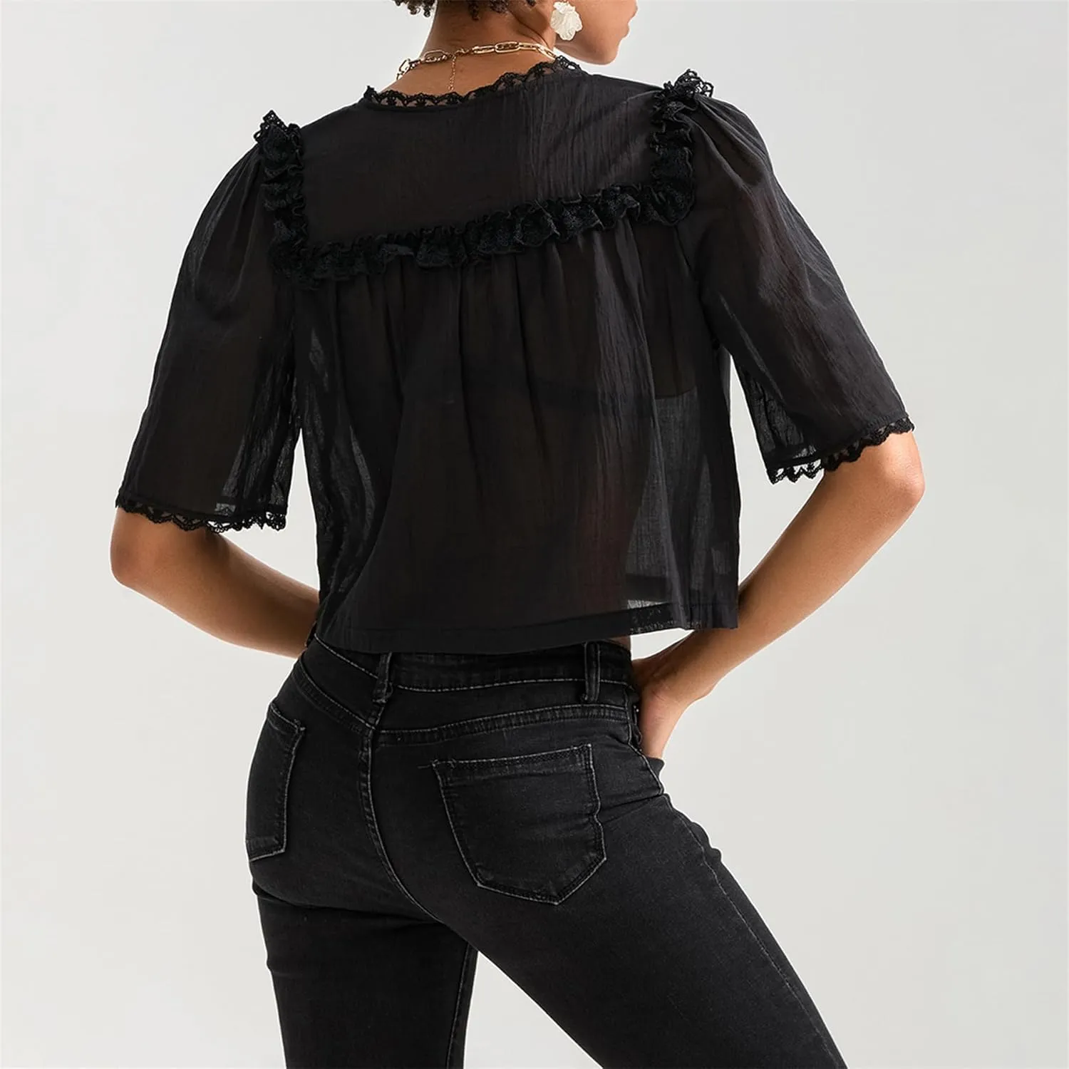 Hassembly Women Summer Cute Chiffon Shirt Low Cut V-Neck Short Sleeve Ruffle Trim Blouse Y2K Going Out Button Down Mesh Shirt