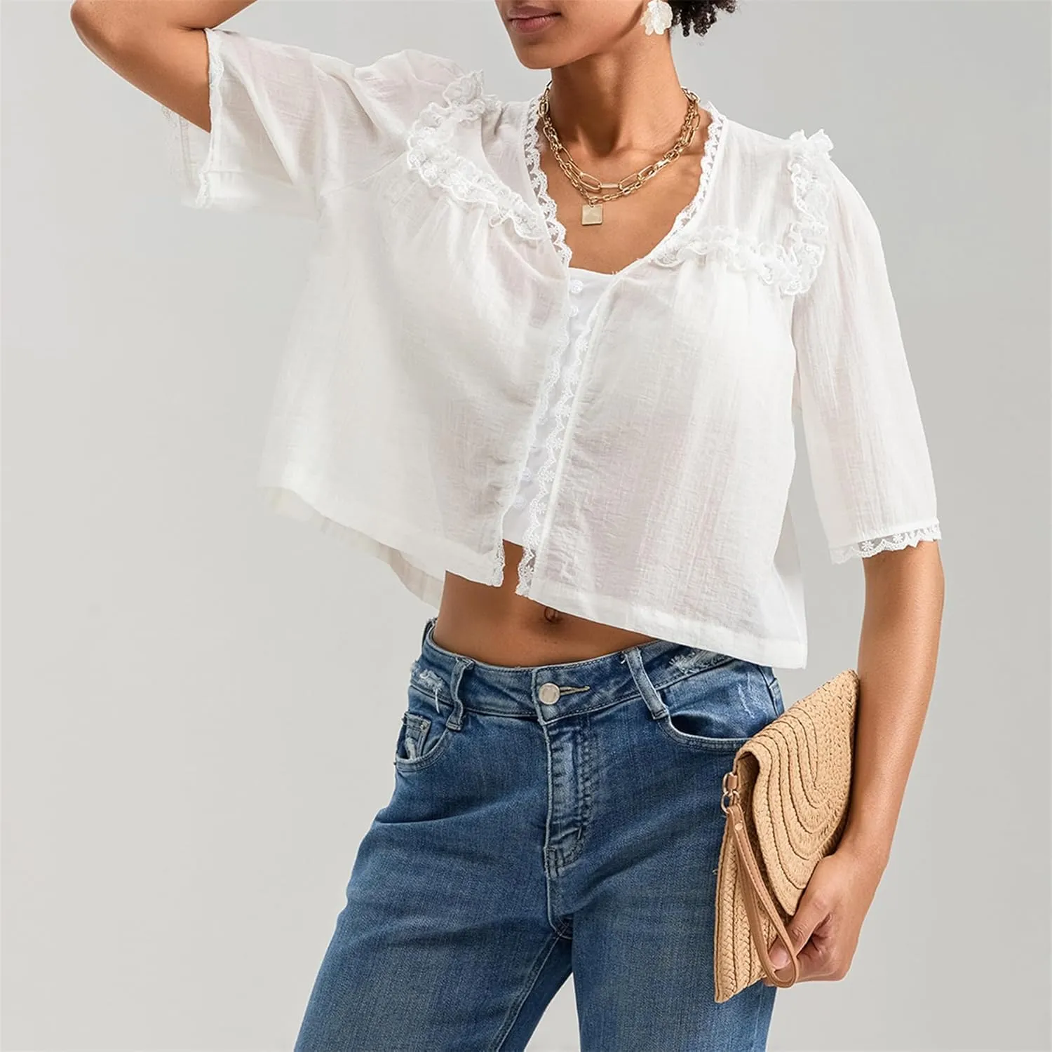 Hassembly Women Summer Cute Chiffon Shirt Low Cut V-Neck Short Sleeve Ruffle Trim Blouse Y2K Going Out Button Down Mesh Shirt