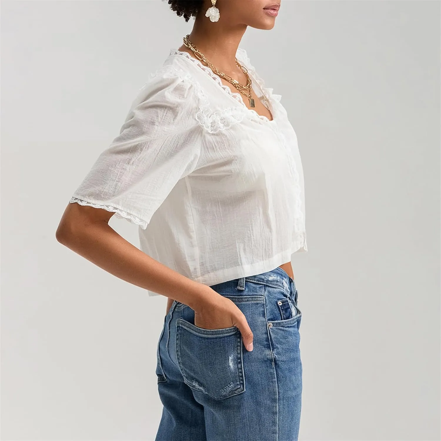 Hassembly Women Summer Cute Chiffon Shirt Low Cut V-Neck Short Sleeve Ruffle Trim Blouse Y2K Going Out Button Down Mesh Shirt