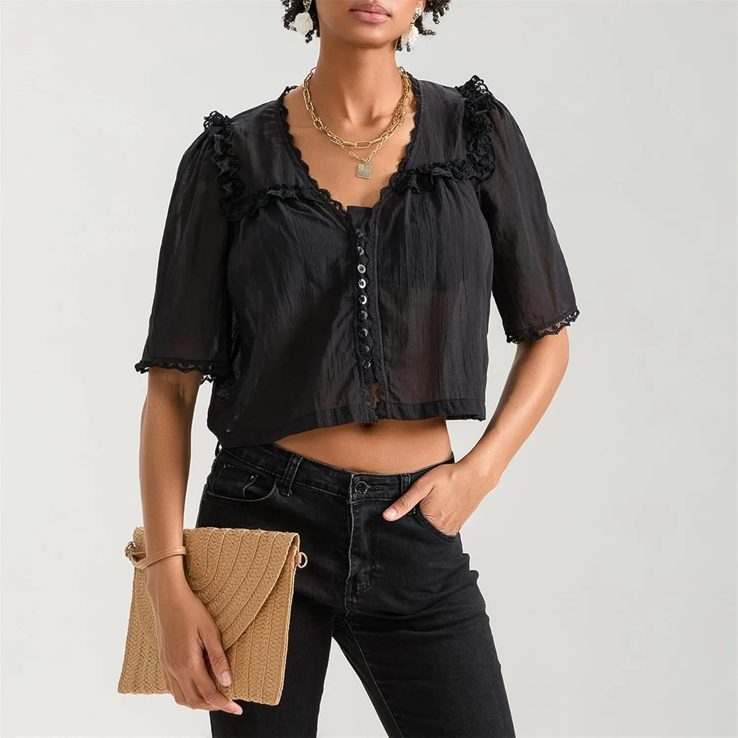 Hassembly Women Summer Cute Chiffon Shirt Low Cut V-Neck Short Sleeve Ruffle Trim Blouse Y2K Going Out Button Down Mesh Shirt