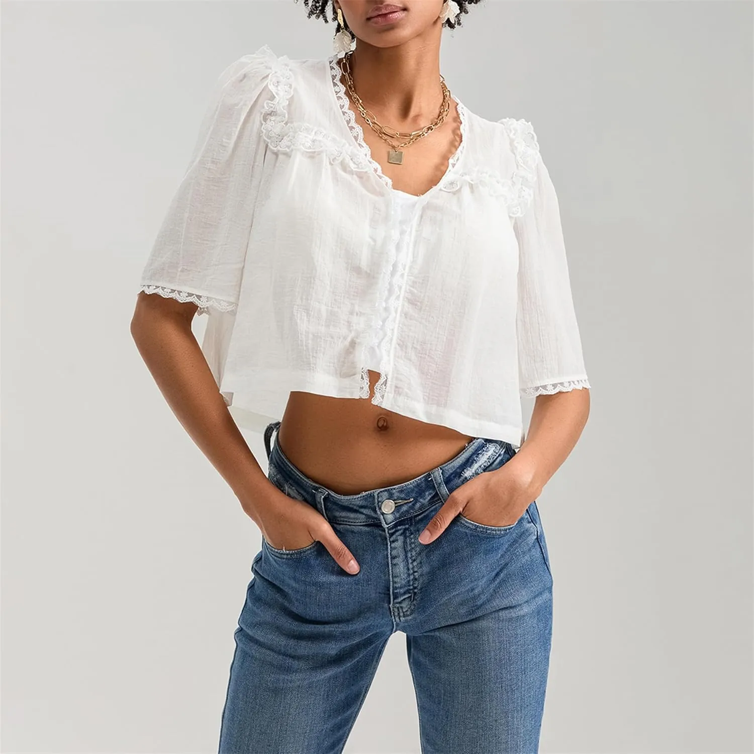 Hassembly Women Summer Cute Chiffon Shirt Low Cut V-Neck Short Sleeve Ruffle Trim Blouse Y2K Going Out Button Down Mesh Shirt