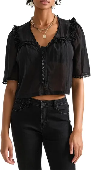 Hassembly Women Summer Cute Chiffon Shirt Low Cut V-Neck Short Sleeve Ruffle Trim Blouse Y2K Going Out Button Down Mesh Shirt