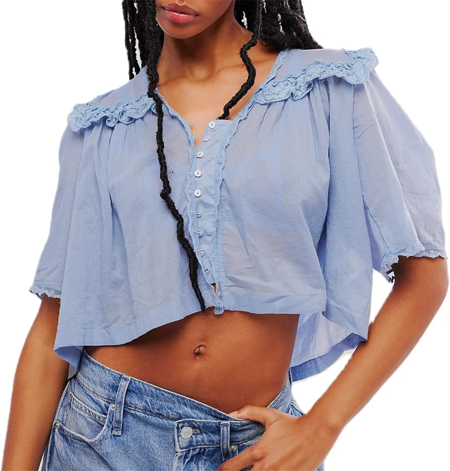 Hassembly Women Summer Cute Chiffon Shirt Low Cut V-Neck Short Sleeve Ruffle Trim Blouse Y2K Going Out Button Down Mesh Shirt