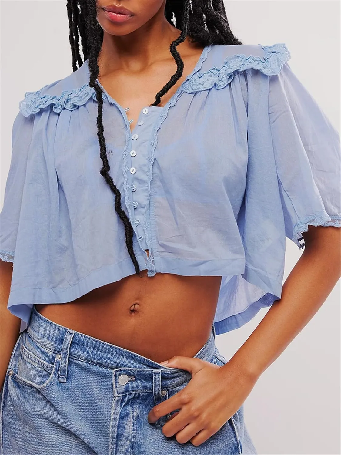 Hassembly Women Summer Cute Chiffon Shirt Low Cut V-Neck Short Sleeve Ruffle Trim Blouse Y2K Going Out Button Down Mesh Shirt