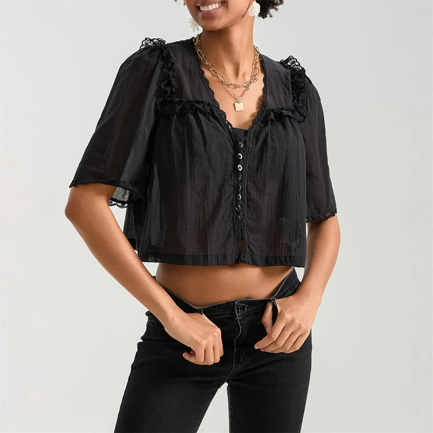Hassembly Women Summer Cute Chiffon Shirt Low Cut V-Neck Short Sleeve Ruffle Trim Blouse Y2K Going Out Button Down Mesh Shirt