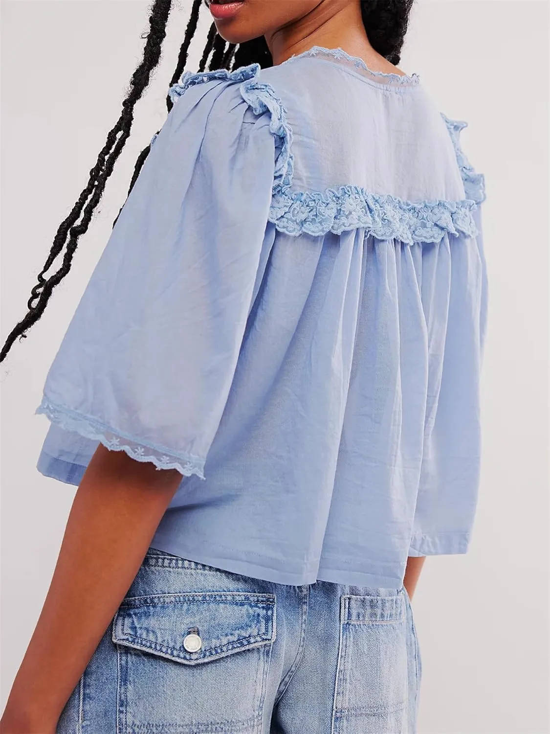 Hassembly Women Summer Cute Chiffon Shirt Low Cut V-Neck Short Sleeve Ruffle Trim Blouse Y2K Going Out Button Down Mesh Shirt
