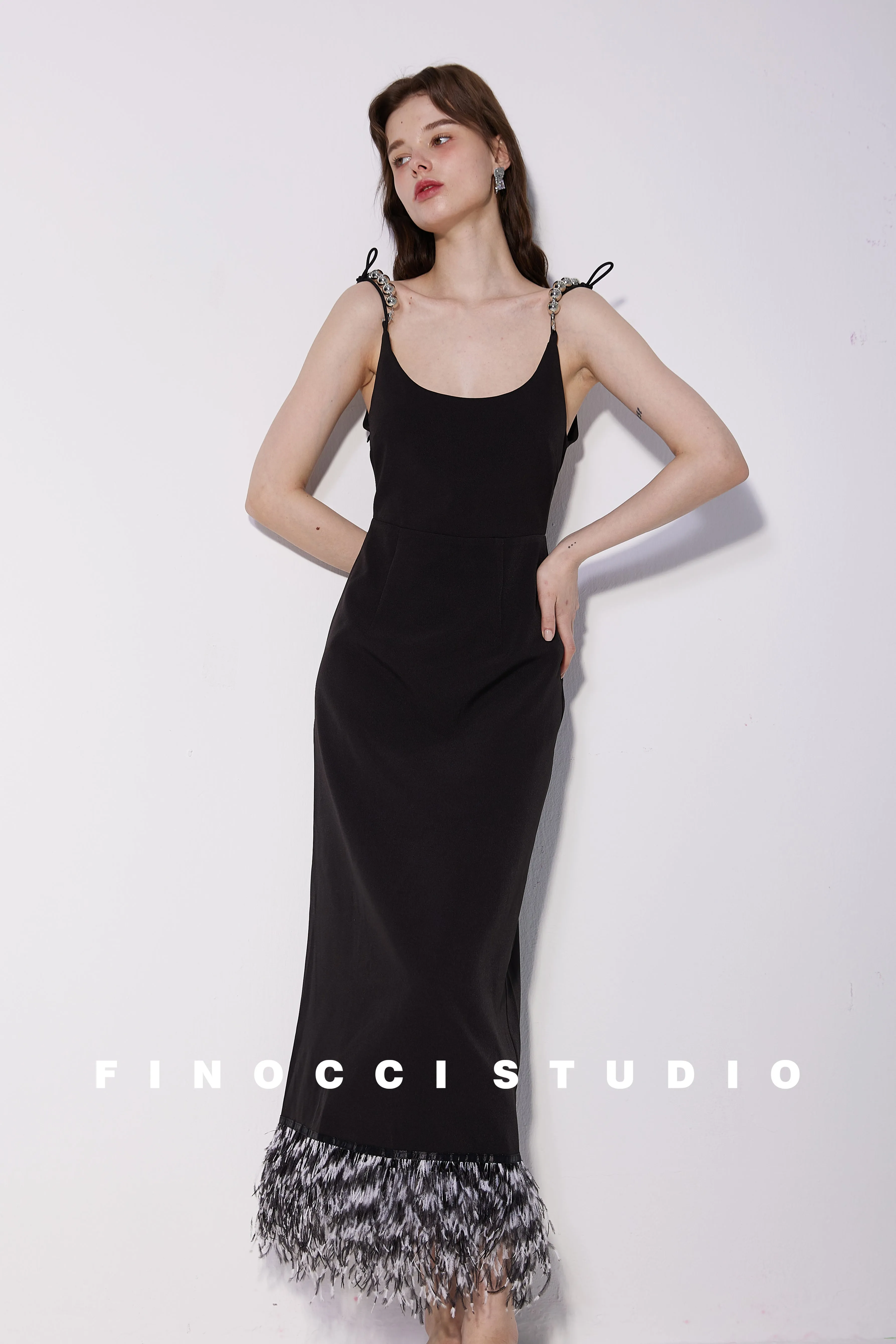 High-end luxury silver beaded satin dyed ostrich feather vintage backless black dress - Pavail