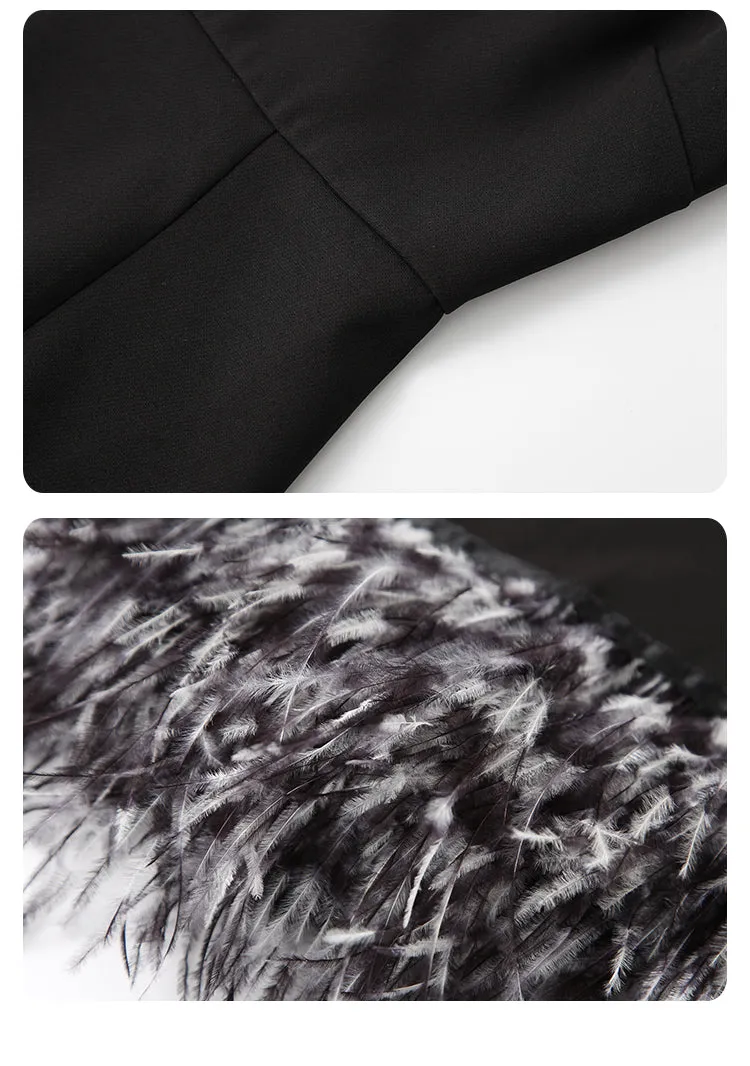 High-end luxury silver beaded satin dyed ostrich feather vintage backless black dress - Pavail