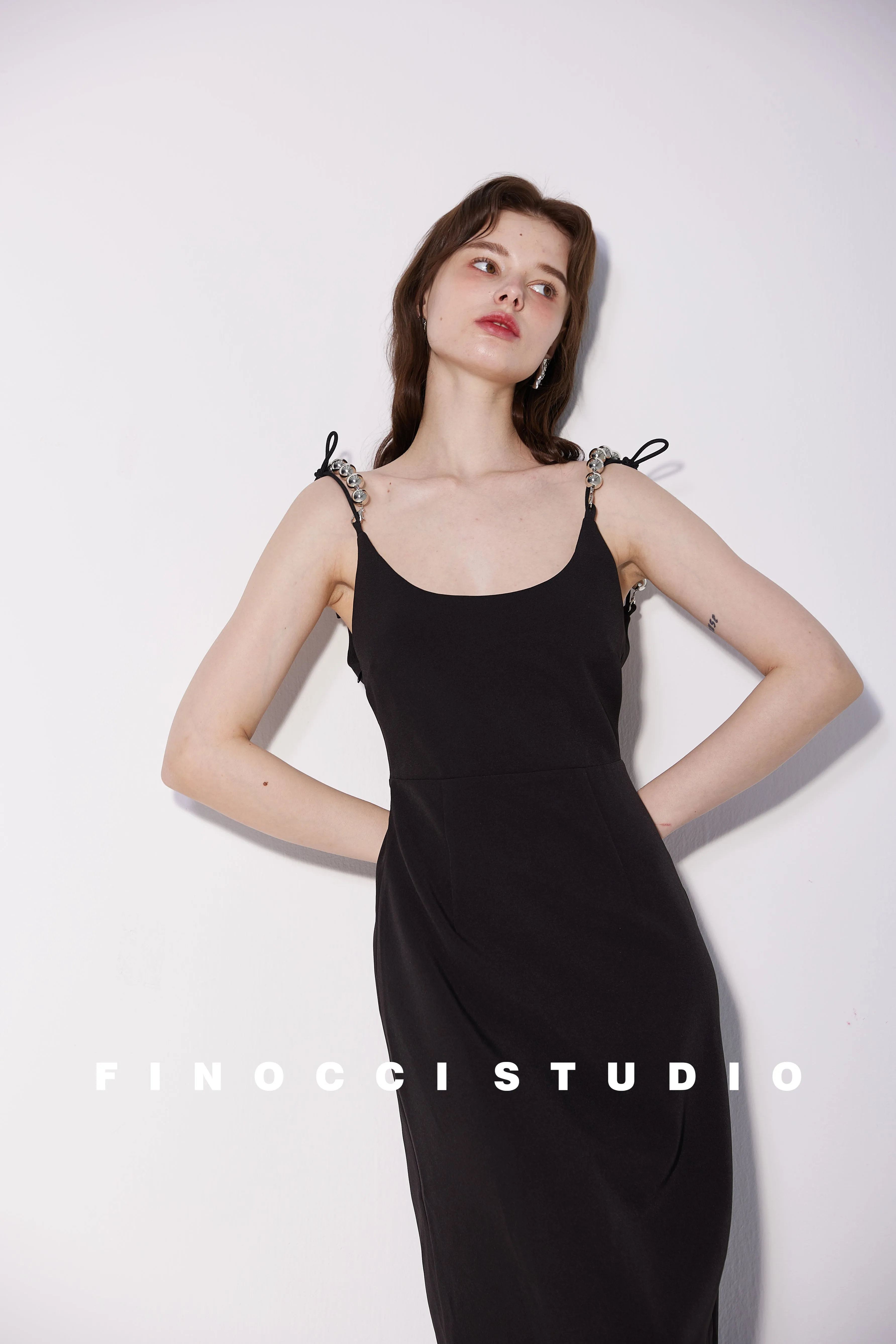 High-end luxury silver beaded satin dyed ostrich feather vintage backless black dress - Pavail