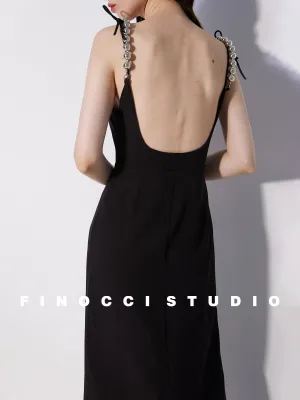High-end luxury silver beaded satin dyed ostrich feather vintage backless black dress - Pavail