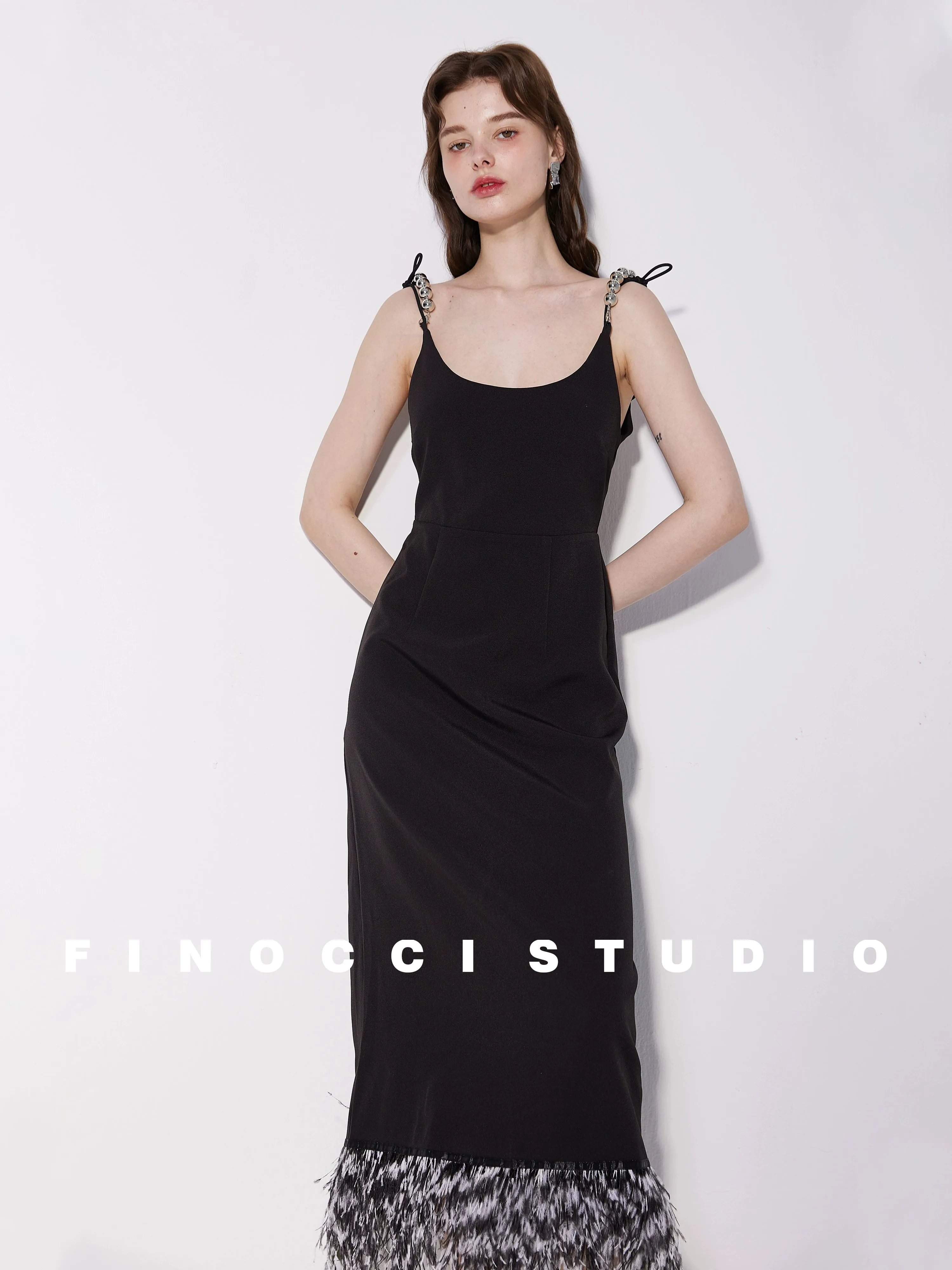 High-end luxury silver beaded satin dyed ostrich feather vintage backless black dress - Pavail