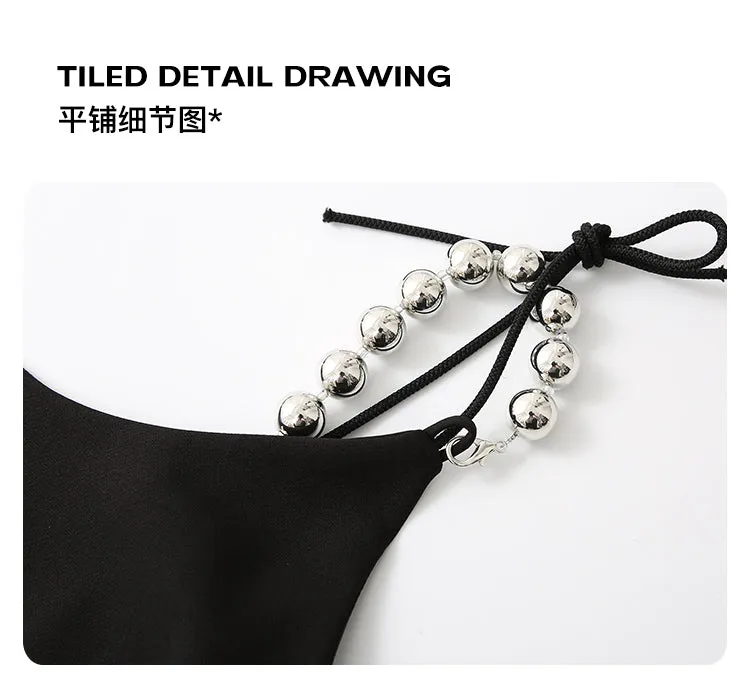 High-end luxury silver beaded satin dyed ostrich feather vintage backless black dress - Pavail