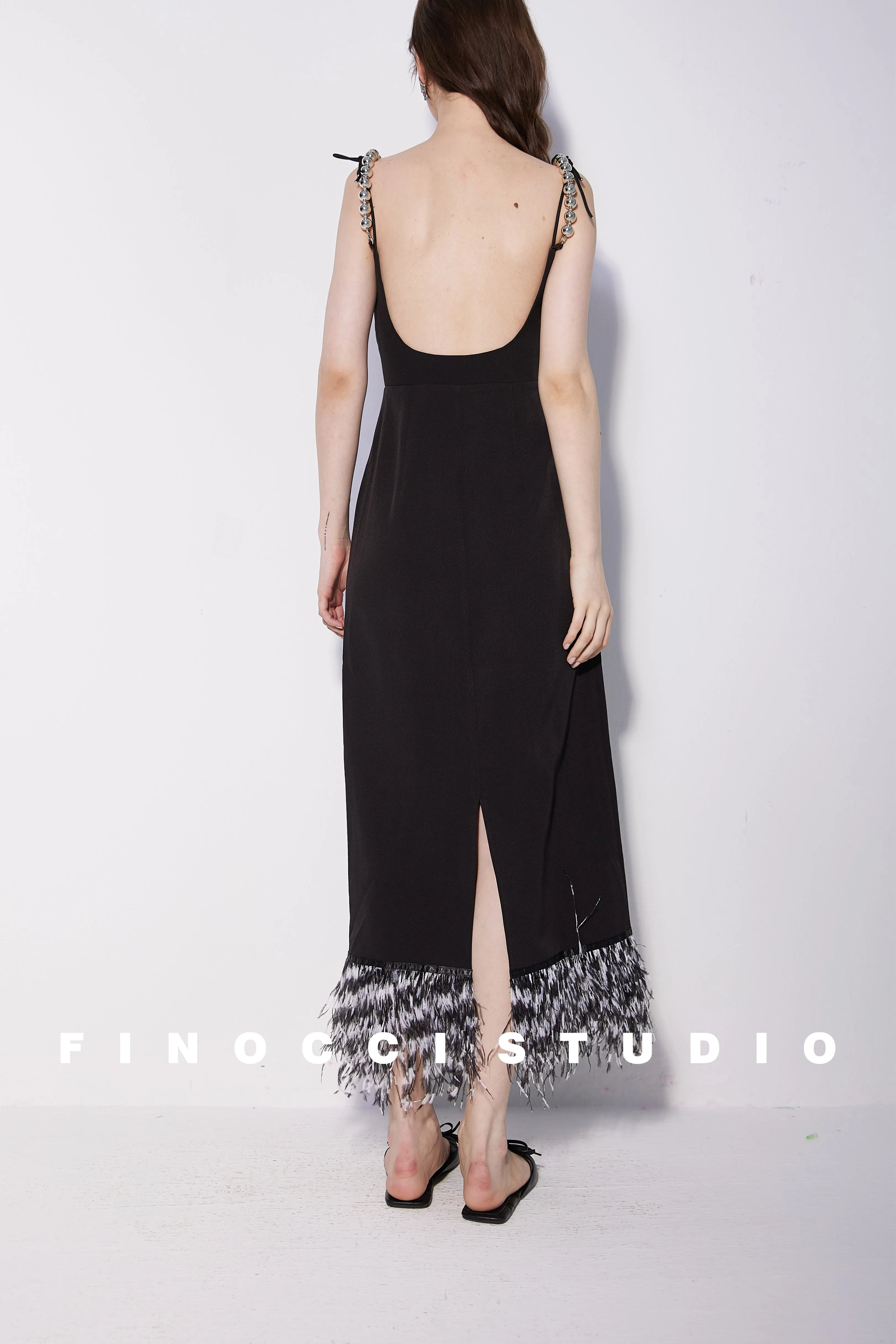High-end luxury silver beaded satin dyed ostrich feather vintage backless black dress - Pavail